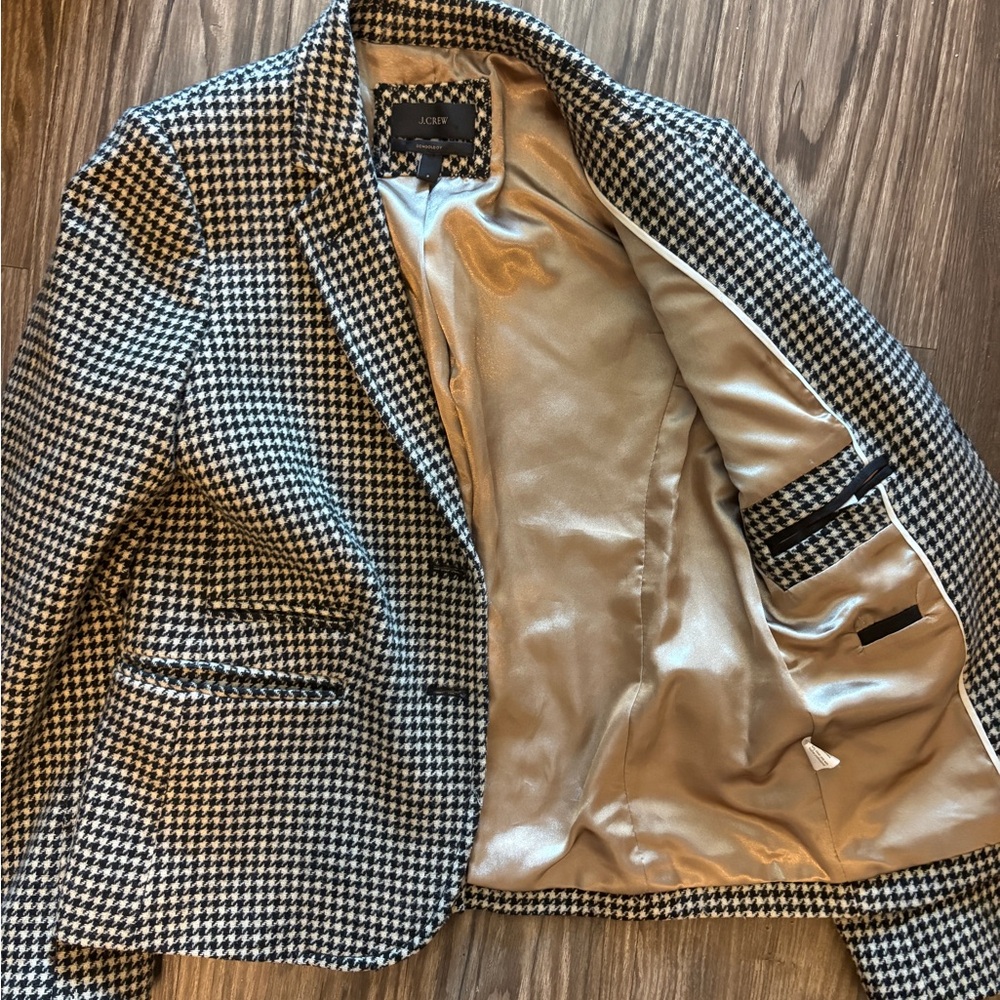 J. Crew Black and White Houndstooth Blazer with Brown Elbow Patches - Picture 2 of 3